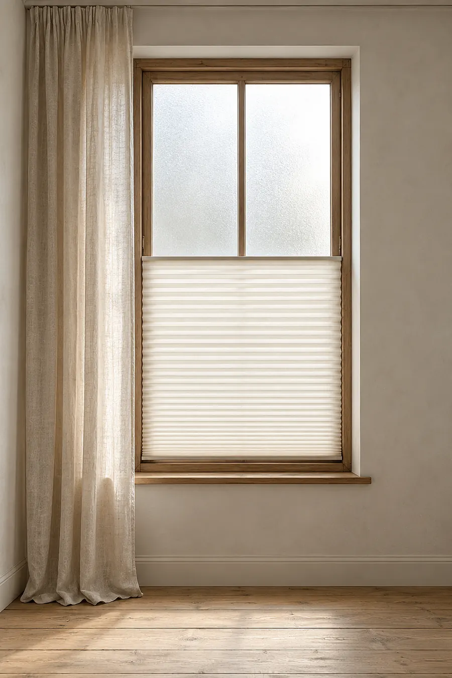 Ein hohes Fenster mit halb heruntergelassenem hellem Plissee und einem Leinenvorhang daneben (Illustration)