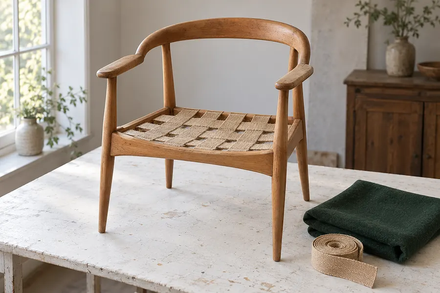 Das nackte Holzgestell eines kleinen Sessels mit geflochtenen Jutegurten auf einem weißen Werktisch, daneben grüner Wollstoff (Illustration)