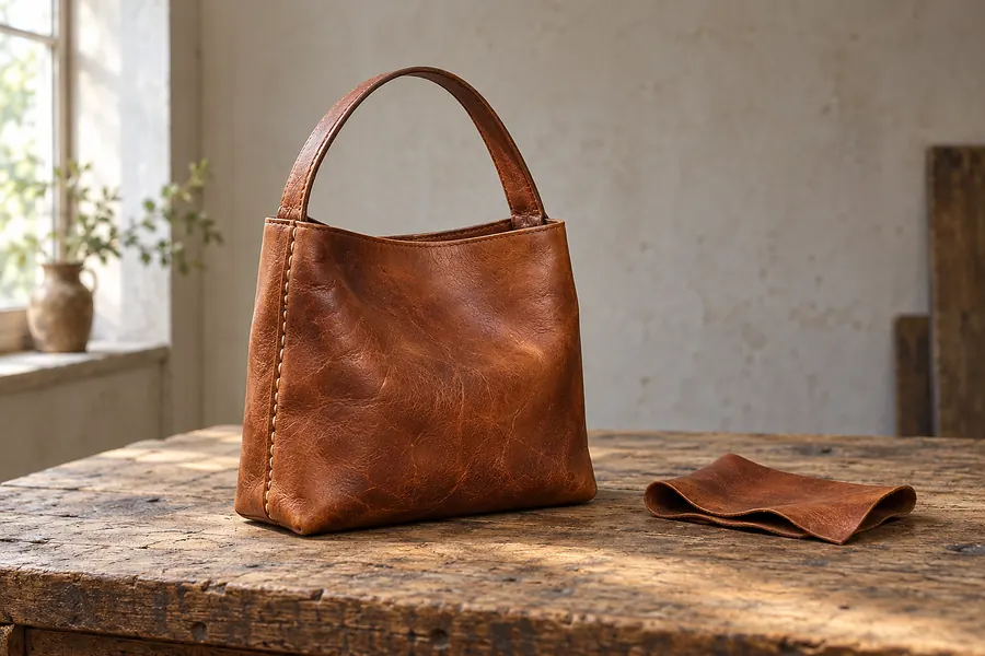 Eine cognacbraune Ledertasche mit neu genähter Seitennaht auf einer Werkbank (Illustration)