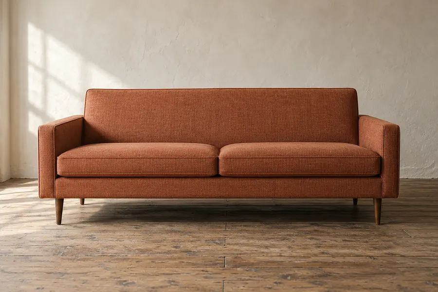 Ein schlichtes Sofa mit neuem rostfarbenem Bezug vor einer hellen Wand (Illustration)